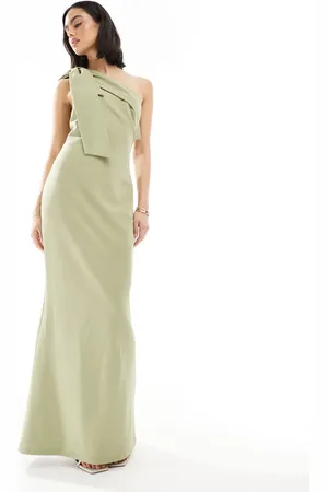 Pretty Lavish Brudepiger - Olivengrøn oneshoulder-maxikjole med sløjfedetalje i crepe