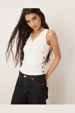 ASOS Ecrufarvet slå-om-top med knapper i cupro-Hvid