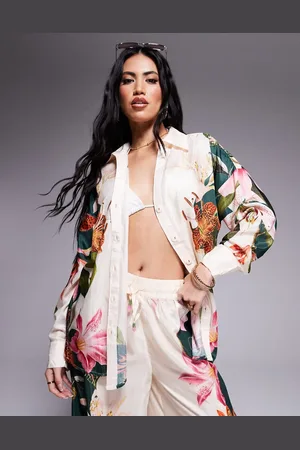 River Island Cremehvid strandskjorte med botanisk print - Del af sæt