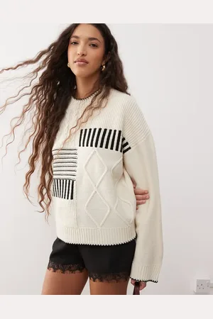 Miss Selfridge Kabelstrikket trøje med patchwork-design-Hvid