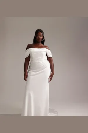 ASOS ASOS DESIGN Curve - og draperet maxi-brudekjole i satin med bardot-design