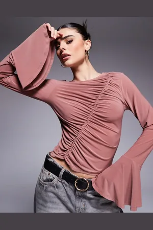 ASOS Asymmetrisk og rynket rødbrun top med lange ærmer med svaj