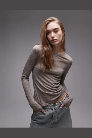 Topshop Sandfarvemeleret og langærmet top i uldblanding-Neutral