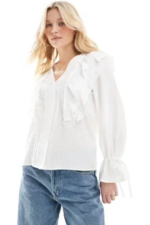 VERO MODA Hvid bluse med flæser og bindeærmer