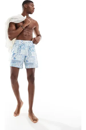 Hollister Y2K-inspirerede badeshorts med blåt vintage-strandprint