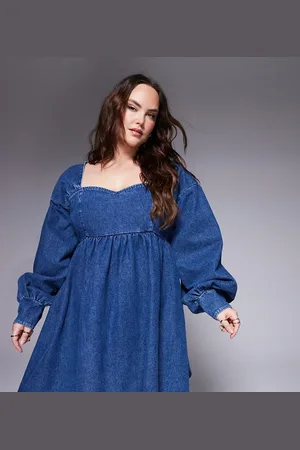 ASOS Curve - Langærmet og babydoll-minikjole i denim med sløjfe på ryggen