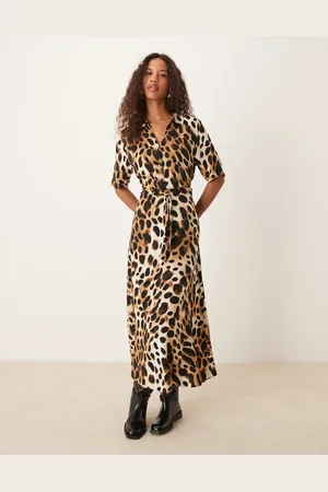 JDY Kortærmet maxi-skjortekjole med bindebånd i taljen og leopardprint