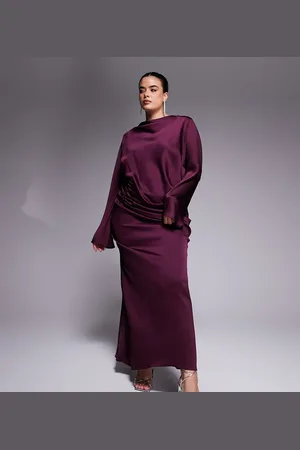 ASOS ASOS DESIGN Curve - Blommefarvet maxikjole i satin med lange ærmer og rynkedetalje-Lilla