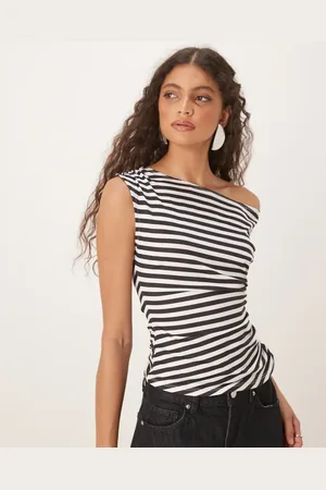 ASOS Monokrom og stribet top med offshoulder og rynker i taljen i korsetstil-Multifarvet