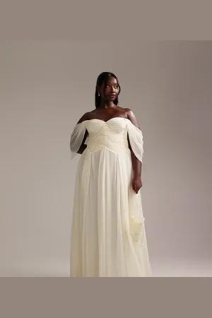 ASOS ASOS DESIGN Curve - Elfenbensfarvet og plisseret maxi-brudekjole med korset og draperede ærmer-Hvid