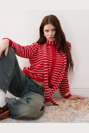 Reclaimed Cremehvid og rød strikket cardigan med striber-Multifarvet