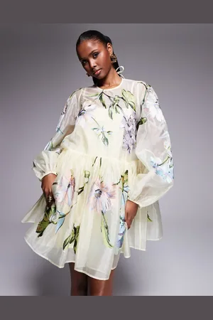 ASOS Lysegul og oversized mini-kittelkjole i organza med blomsterbroderi