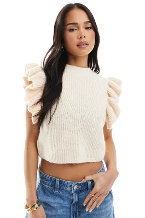 Miss Selfridge Strikket cremehvid tanktop med flæser