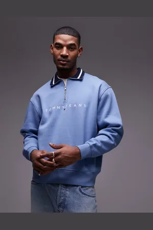 Tommy Hilfiger Forvasket blå sweatshirt med halv lynlås og logoprint