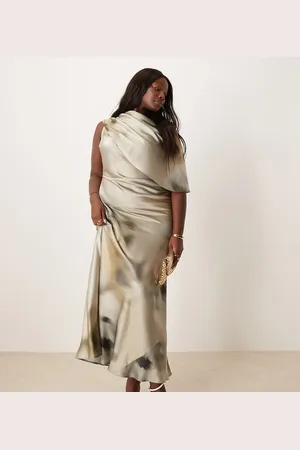 ASOS ASOS DESIGN Curve - Maxikjole med smal halsudskæring, kappedetalje og røgfarvet blomstermønster i satin-Multifarvet