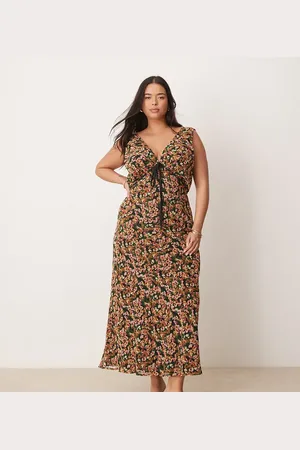 ASOS ASOS DESIGN Curve - Slip-kjole med V-hals og bindedetalje på brystet i blomsterprint-Multifarvet