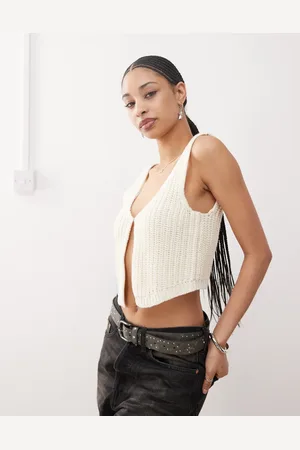 Noisy May Cremefarvet tanktop i strik med slids foran-Hvid