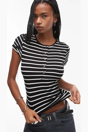 Topshop Sort og hvid henley-overdel med korte ærmer og striber