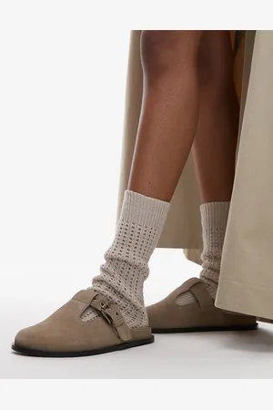 Topshop Annie - Gråbrune læderclogs i ruskind med spænde-Neutral