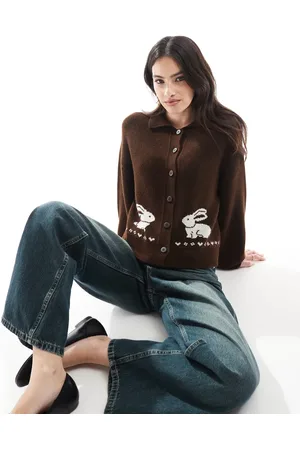 Miss Selfridge Chokoladebrun strikket cardigan med kaninmotiver