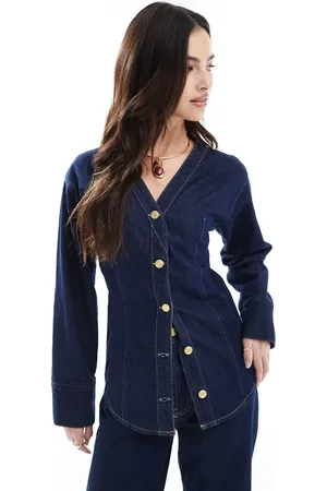 ASOS Forvasket denimskjorte med V-hals uden krave - Del af sæt-Blå