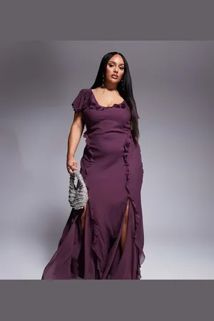 ASOS ASOS DESIGN Curve - Auberginelilla maxikjole med flæser og flagrende ærmer