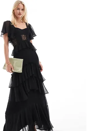 ASOS ASOS DESIGN Tall - lagdelt midikjole med blondeindsats og flagrende ærmer