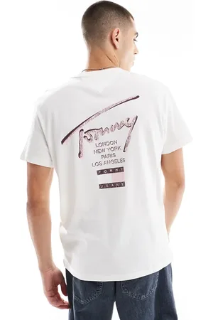 Tommy Hilfiger Hvid og pink T-shirt med signaturprint på ryggen i Regular Fit