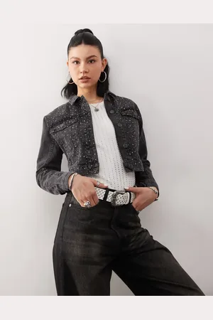 Noisy May Sort cropped denimjakke med rhinsten