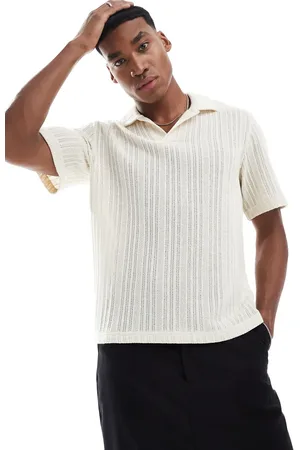Pull&Bear Ecrufarvet poloskjorte i strik med striber og tekstur