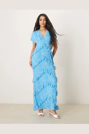 Pretty Lavish Blå maxikjole med flæser og abstrakt blomstermønster i chiffon-Multifarvet