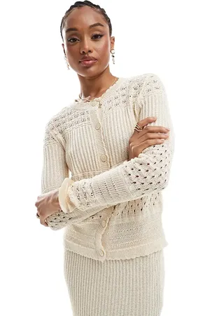 VERO MODA Cremehvid hæklet cardigan med paneler - Del af sæt