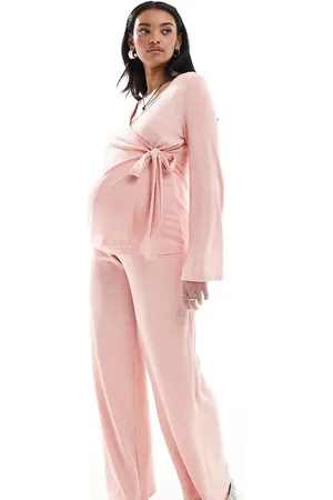 Mama;licious Mamalicious Maternity - Lyserøde bukser med vide ben i nistret jersey - Del af sæt