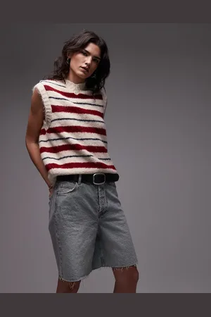 Topshop Strikket tanktop med høj hals og røde/lyserøde striber i uldblanding-Multifarvet