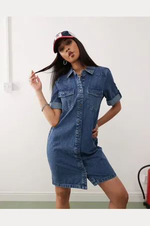 Noisy May Mellemblå og forvasket minikjole i denim med opsmøgede ærmer