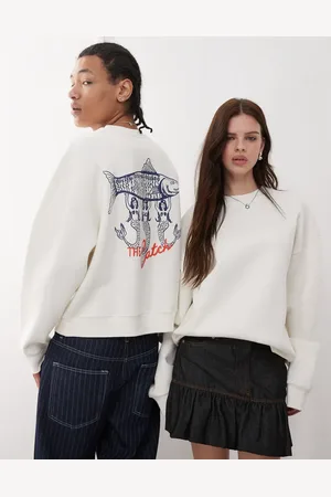 Reclaimed Unisex - Hvid sweatshirt med fiskergrafik på ryggen i firkantet pasform