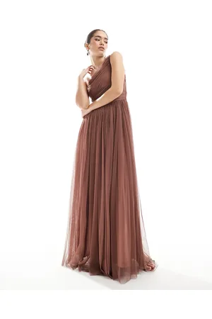 Lace & Beads Brudepiger - Varmbrun oneshoulder-maxikjole i tyl