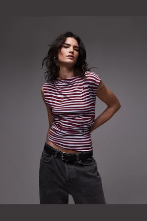 Topshop Oneshoulder-top med bred halsudskæring og blå/bordeaux striber