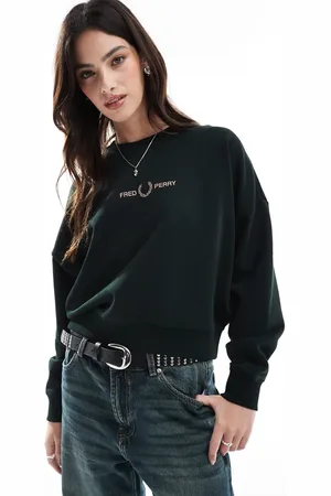 Fred Perry Mørkegrøn sweatshirt med rund hals og metallisk logo på brystet