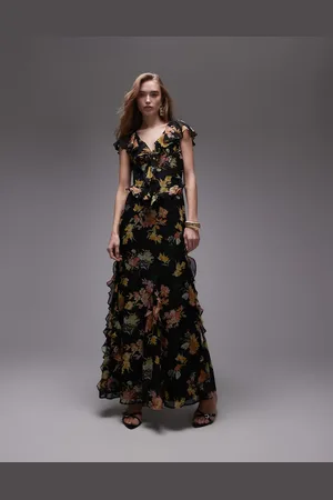 Topshop Sort festkjole med flagrende ærmer og flæser og blomstermønster