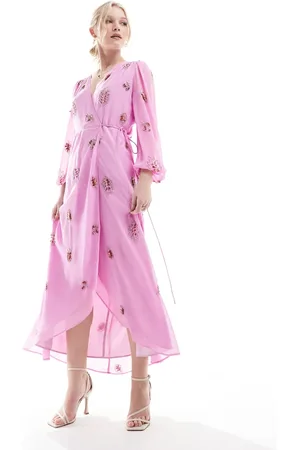 HOPE & IVY Pink udsmykket slå om-kjole med bindebånd i taljen og blouson-ærmer