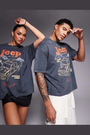 ASOS Unisex - Forvasket sort, oversized og firkantet T-shirt med Jeep-print