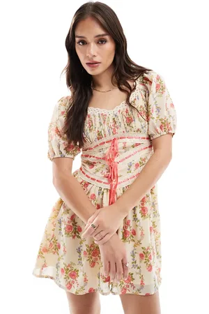 ASOS Milkmaid-minikjole med sløjfedetaljer og vintage-tapetprint med blomstermønster-Multifarvet