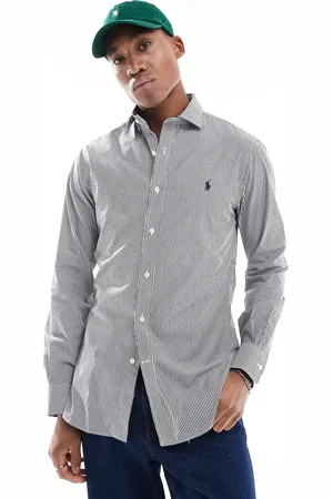 Ralph Lauren Sort og hvid og elegant skjorte i poplin i slim fit med striber og estate-krave samt logoikon
