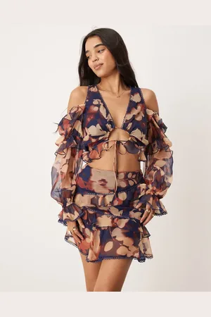 ASOS Langærmet top med flæsedetaljer og blomstermønster - Del af sæt-Multifarvet