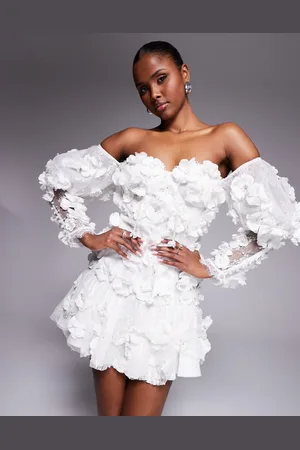 ASOS Offshoulder-minikjole med pufærmer og 3D-blomstermønster med udsmykninger