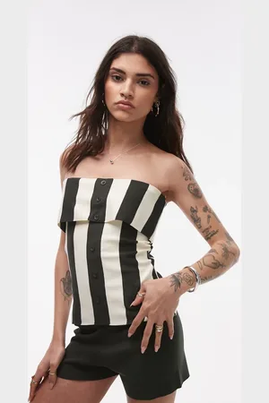 Topshop Strikket bandeau-top med kakigrønne striber - Del af sæt
