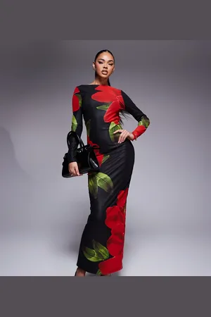 Murci Sort bodycon-maxikjole med bred halsudskæring, åben ryg og rødt blomstermønster i mesh - Kun hos ASOS