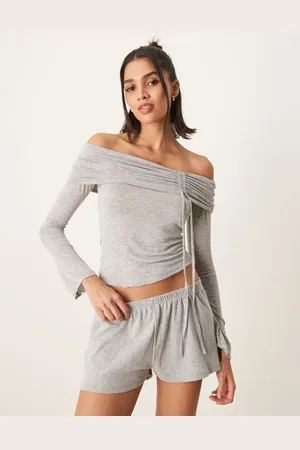 Gina Tricot Gråmeleret offshoulder-top med rynkede paneldetaljer og trompetærmer
