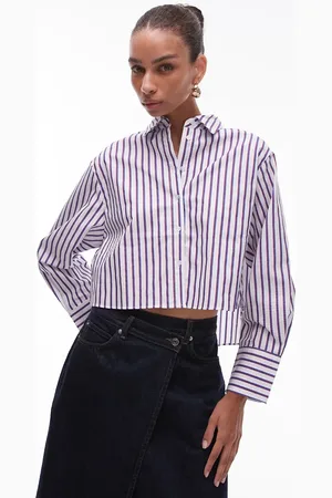 MANGO Cropped skjorte med blå og røde striber